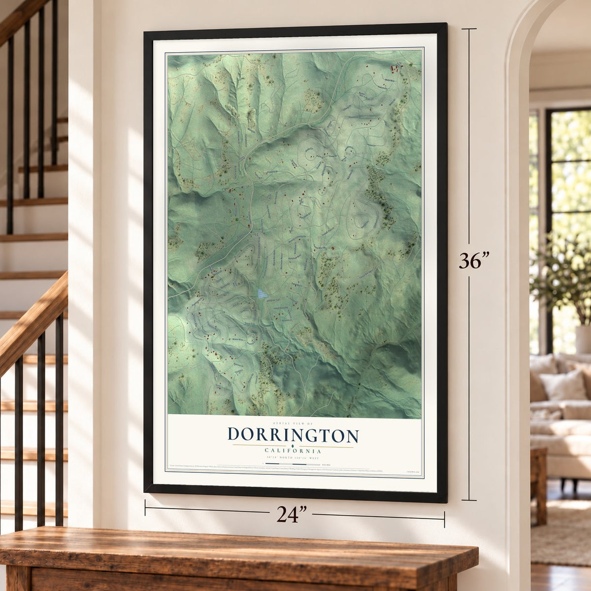 Dorrington, California map, 24 x 36 inch print in a black frame by a staircase