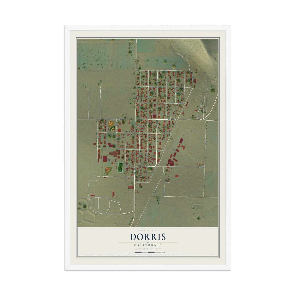 Map of Dorris, California, 12 x 18 inch print in a white wood frame