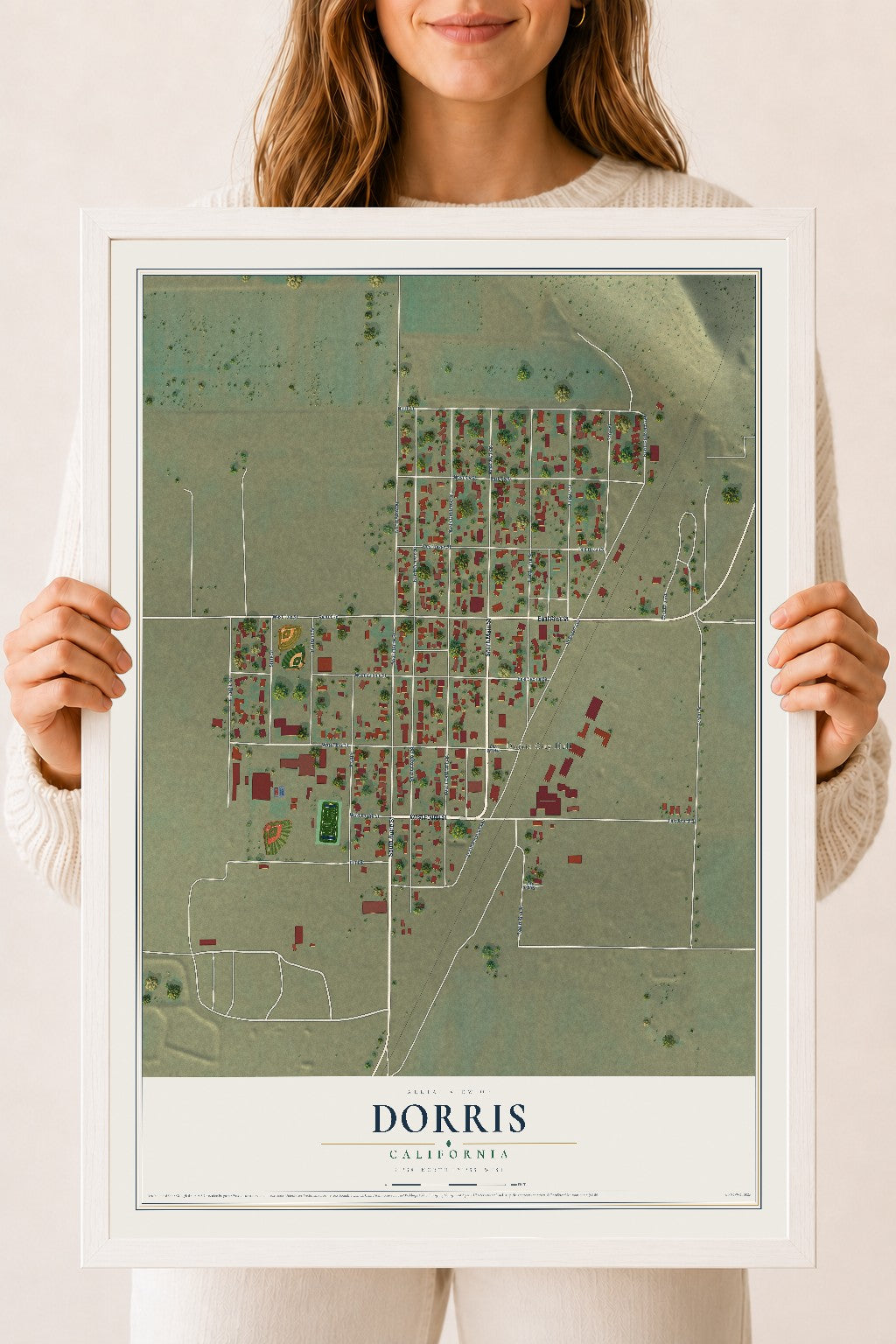 Map of Dorris, California, 18 x 24 inch print in a white wood frame