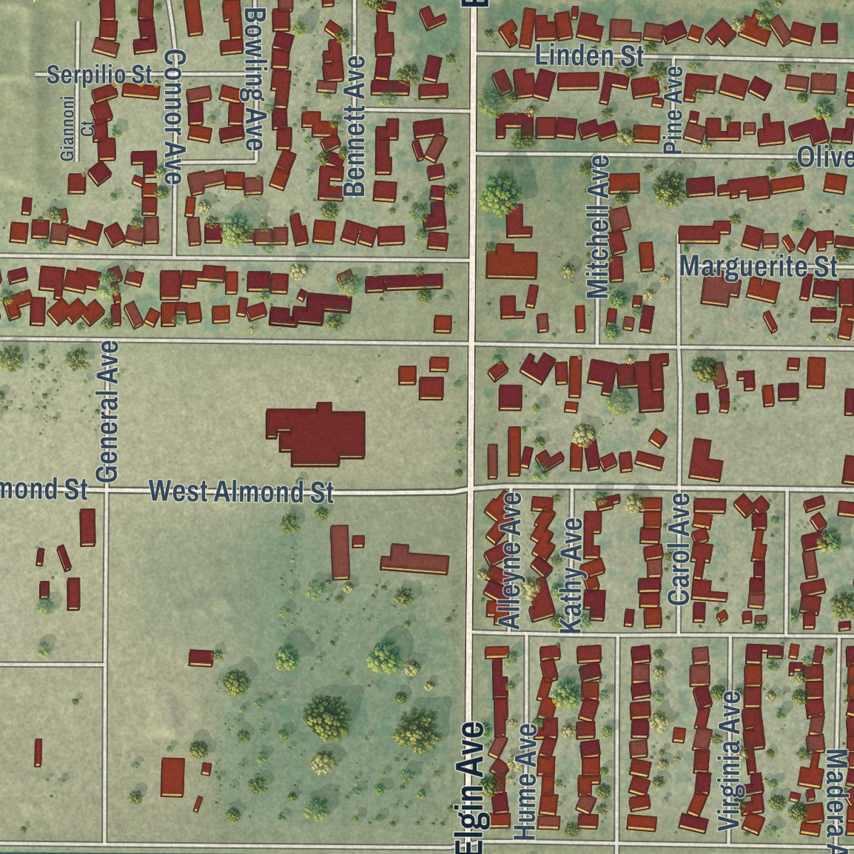 Second close-up of the map of Dos Palos, California print showing more streets and buildings