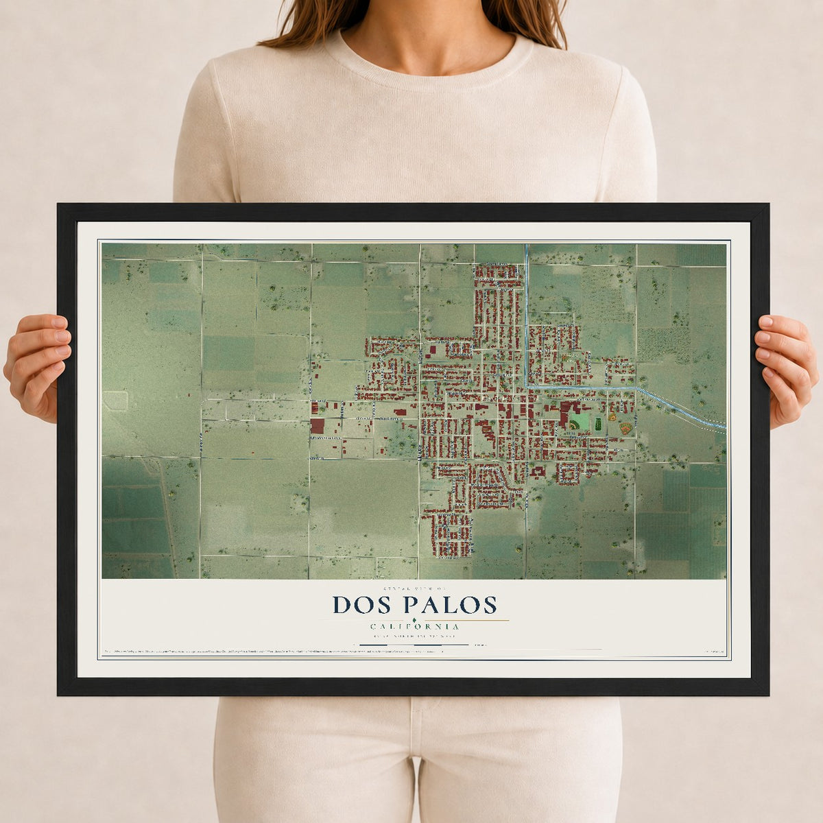 Map of Dos Palos, California, 12 x 18 inch print in a black wood frame