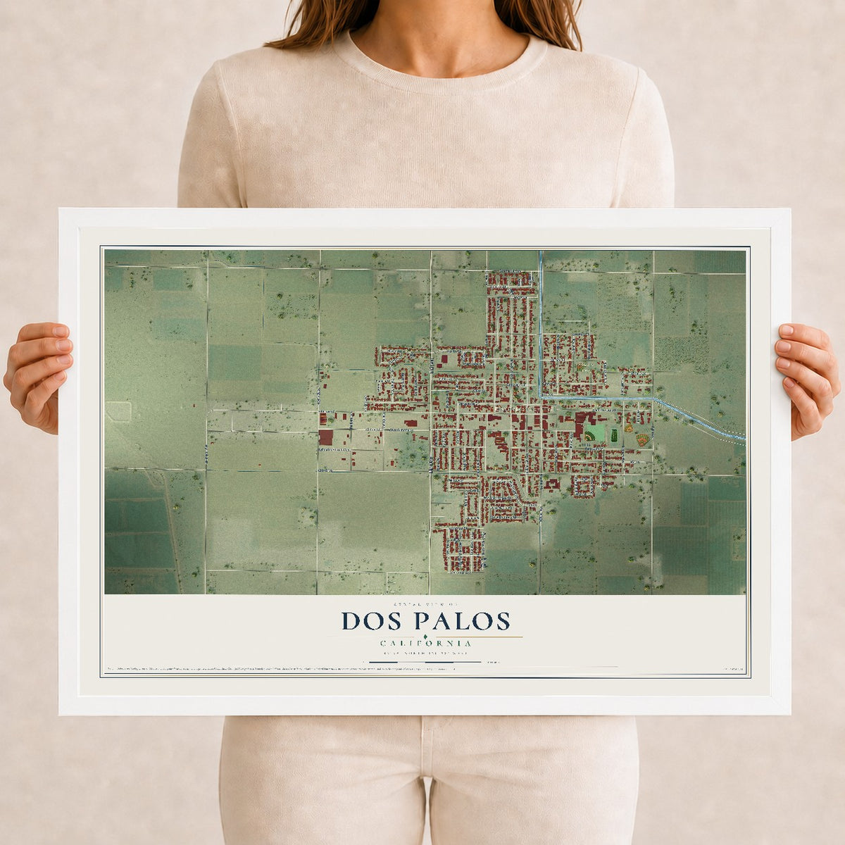 Map of Dos Palos, California, 12 x 18 inch print in a white wood frame