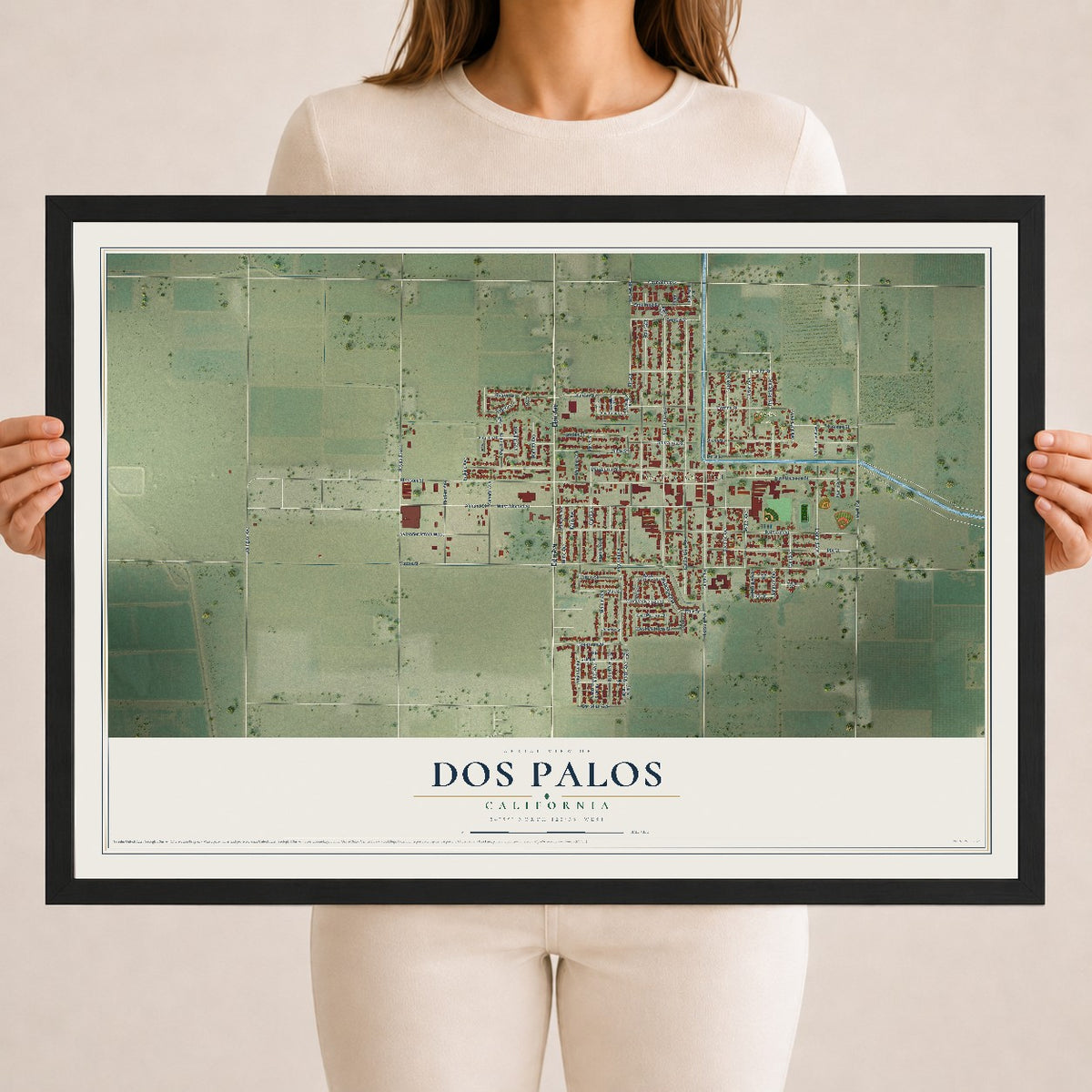 Map of Dos Palos, California, 18 x 24 inch print in a black wood frame