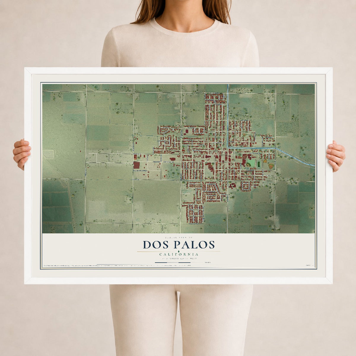 Map of Dos Palos, California, 24 x 36 inch print in a white wood frame