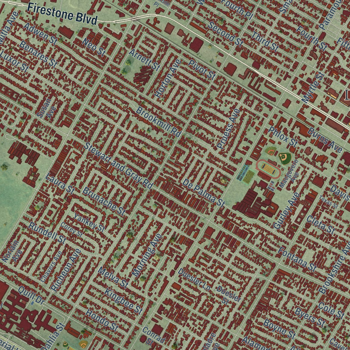 Close-up of the map of Downey, California print showing street and building detail