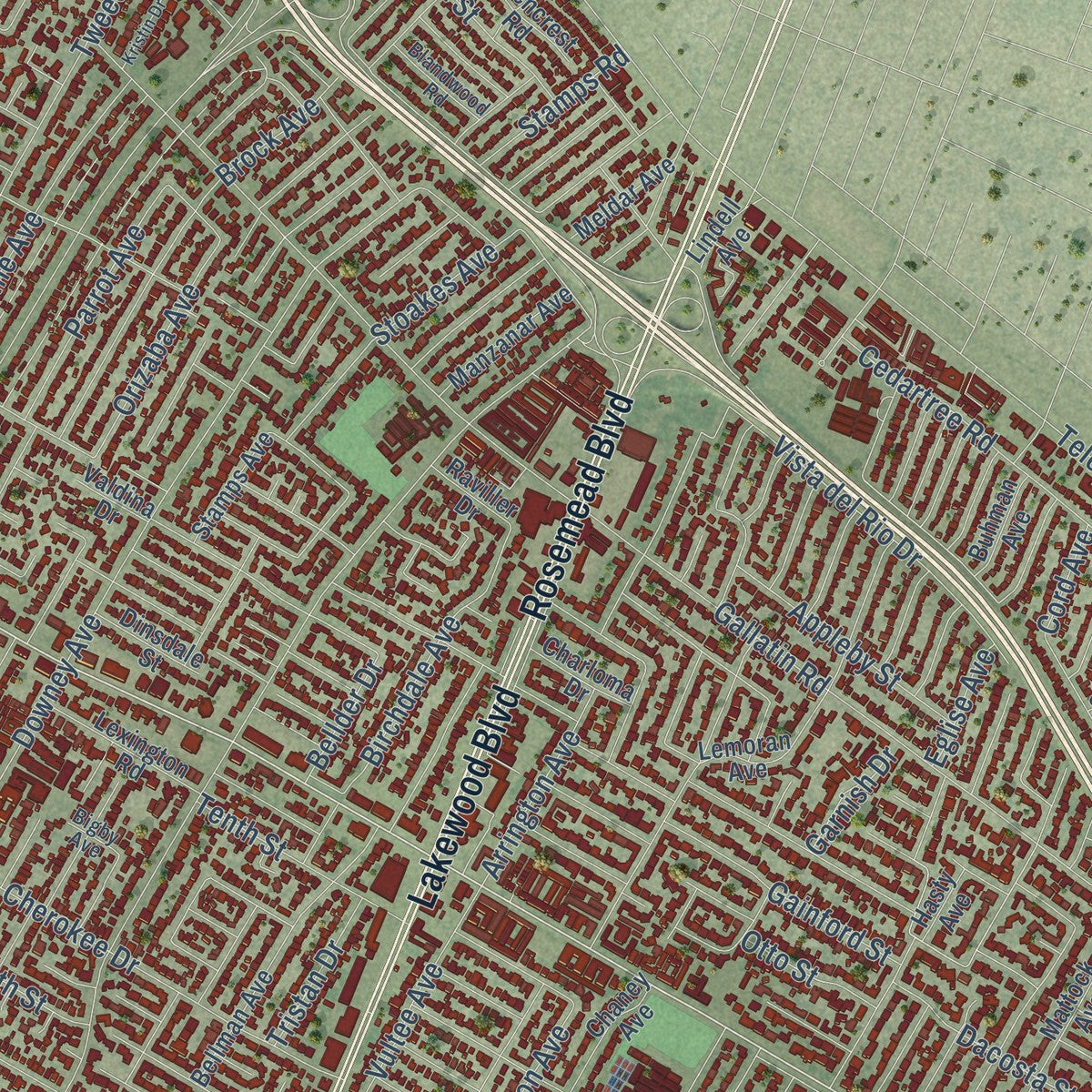 Second close-up of the map of Downey, California print showing more streets and buildings