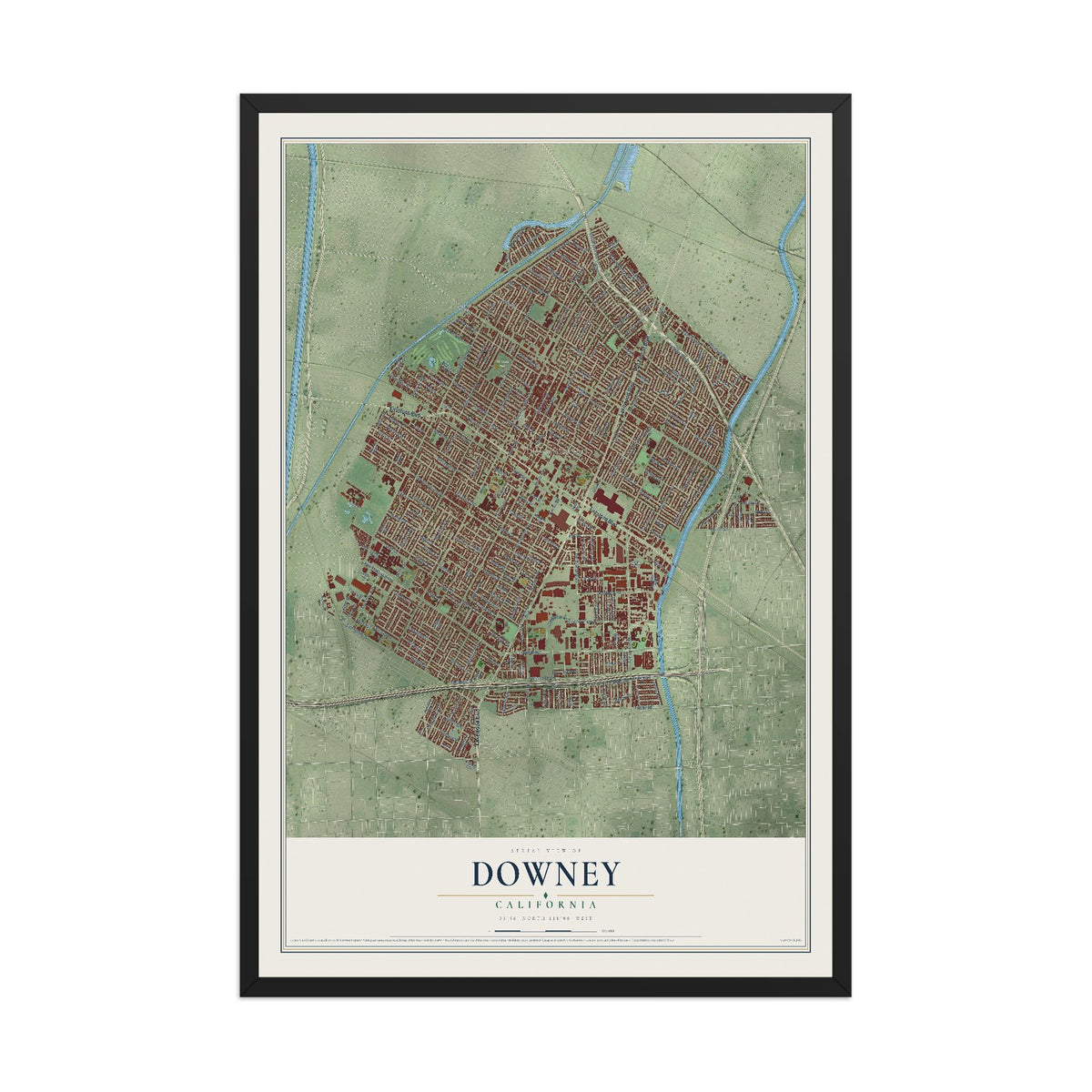 Map of Downey, California, 12 x 18 inch print in a black wood frame