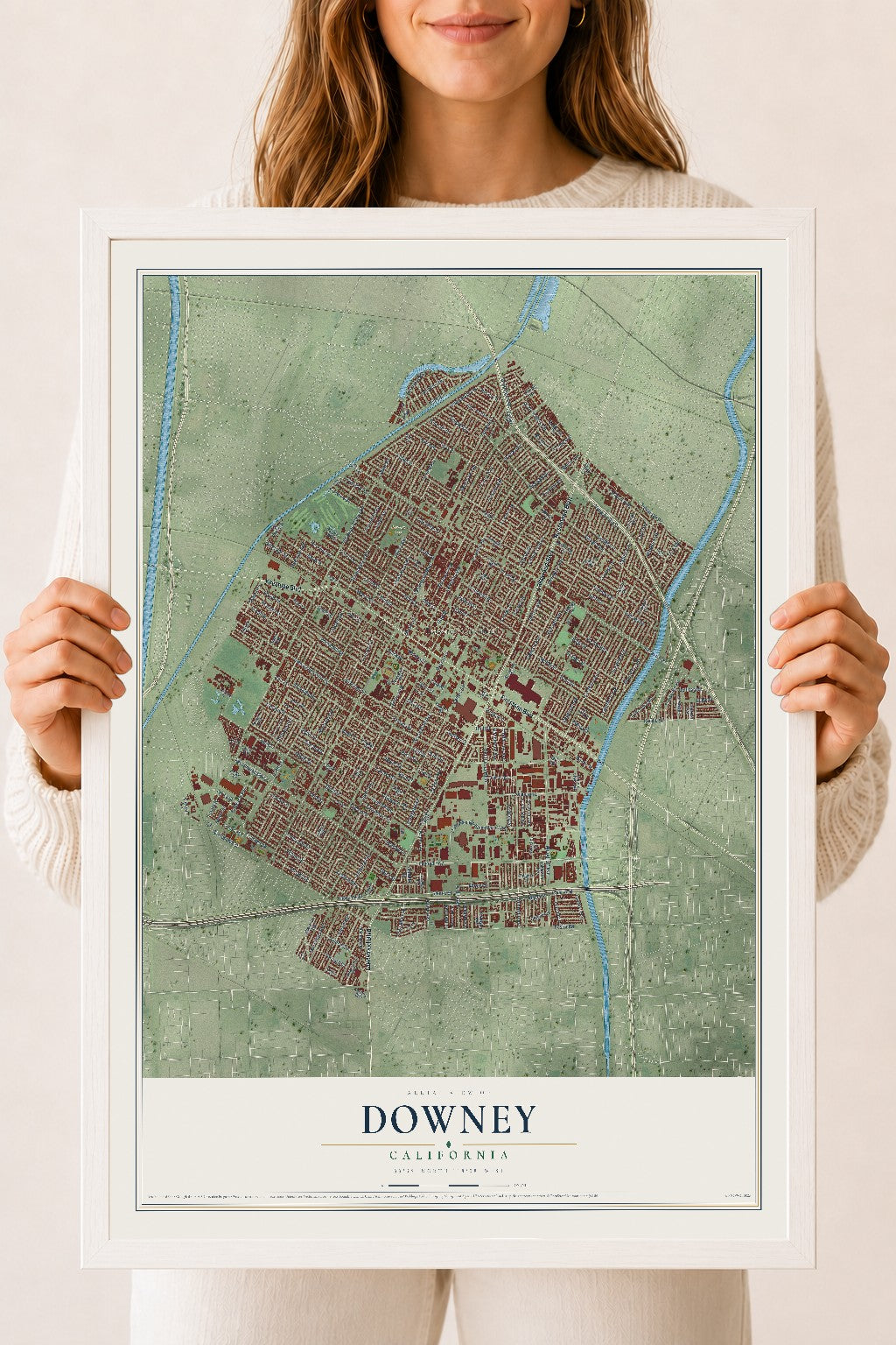 Map of Downey, California, 18 x 24 inch print in a white wood frame