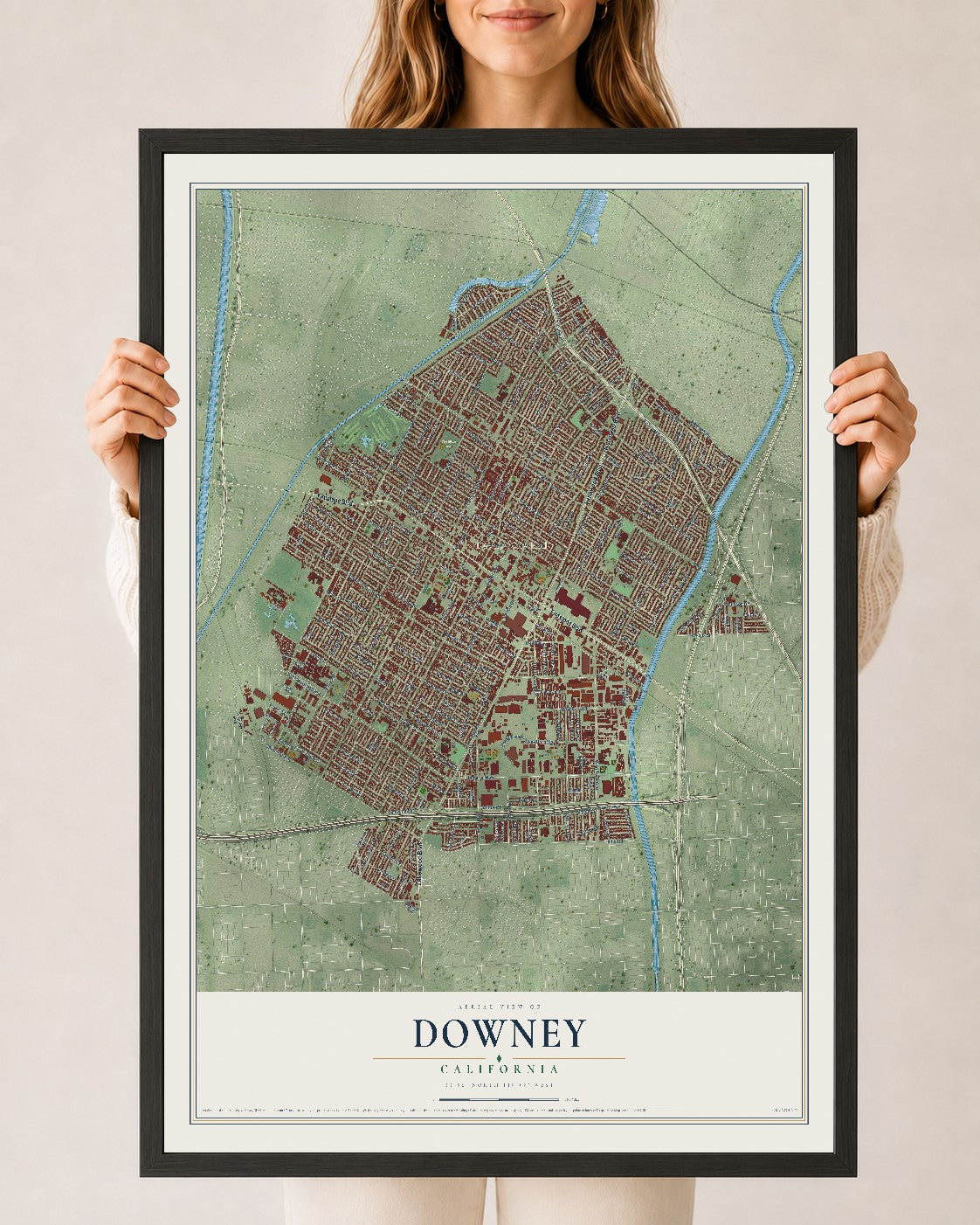 Map of Downey, California, 24 x 36 inch print in a black wood frame