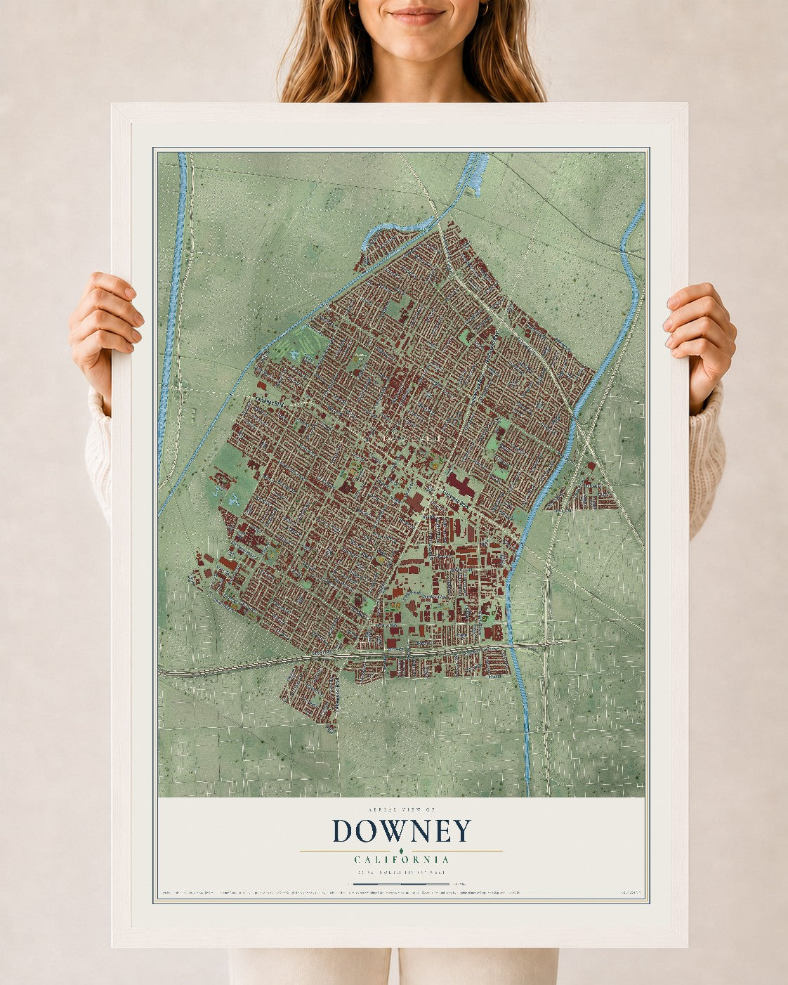 Map of Downey, California, 24 x 36 inch print in a white wood frame