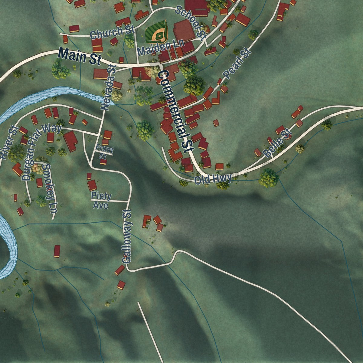 Close-up of the map of Downieville, California print showing street and building detail