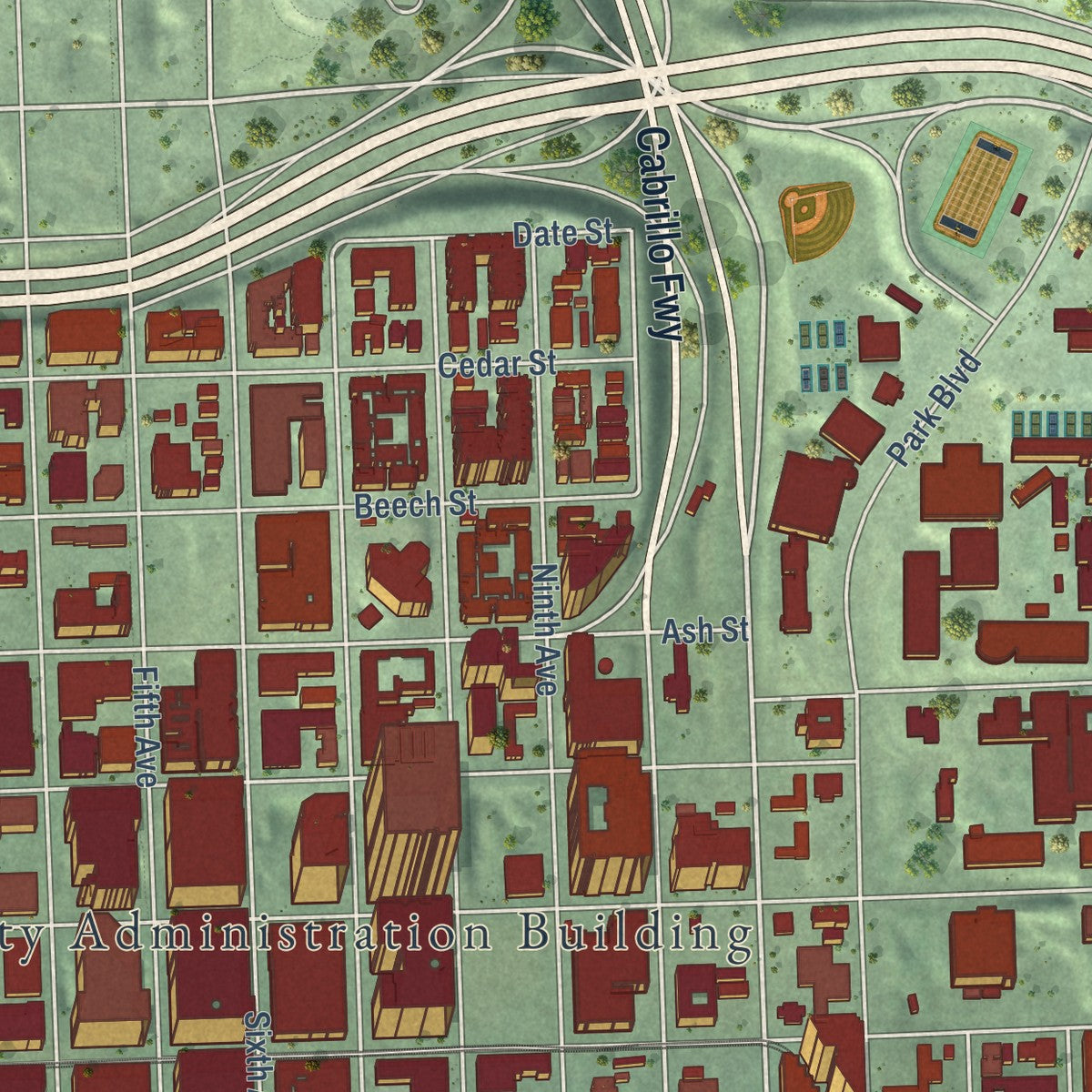 Close-up of the map of Downtown San Diego, California print showing street and building detail