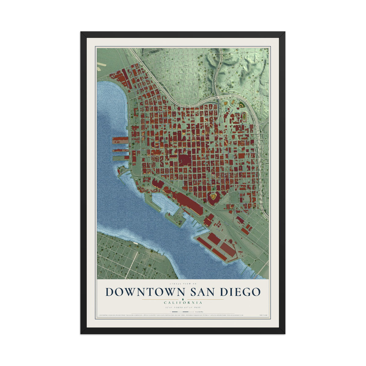 Map of Downtown San Diego, California, 12 x 18 inch print in a black wood frame