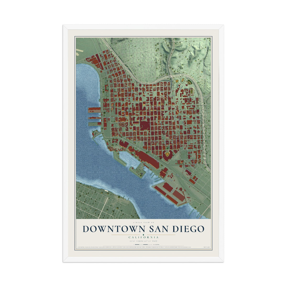 Map of Downtown San Diego, California, 12 x 18 inch print in a white wood frame