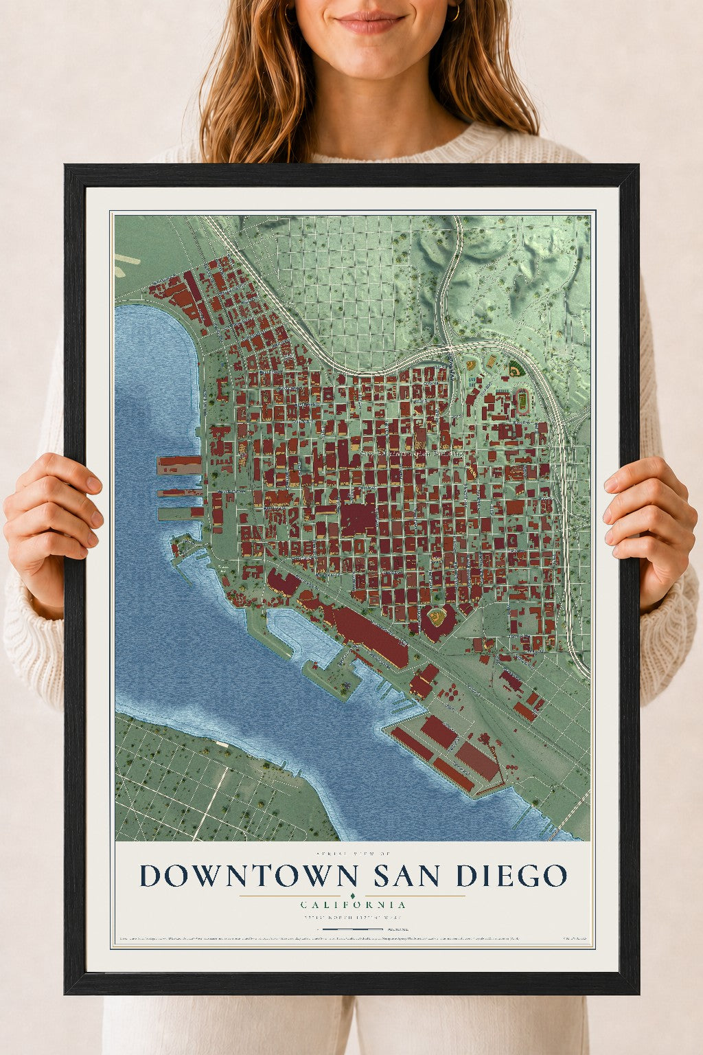 Map of Downtown San Diego, California, 18 x 24 inch print in a black wood frame