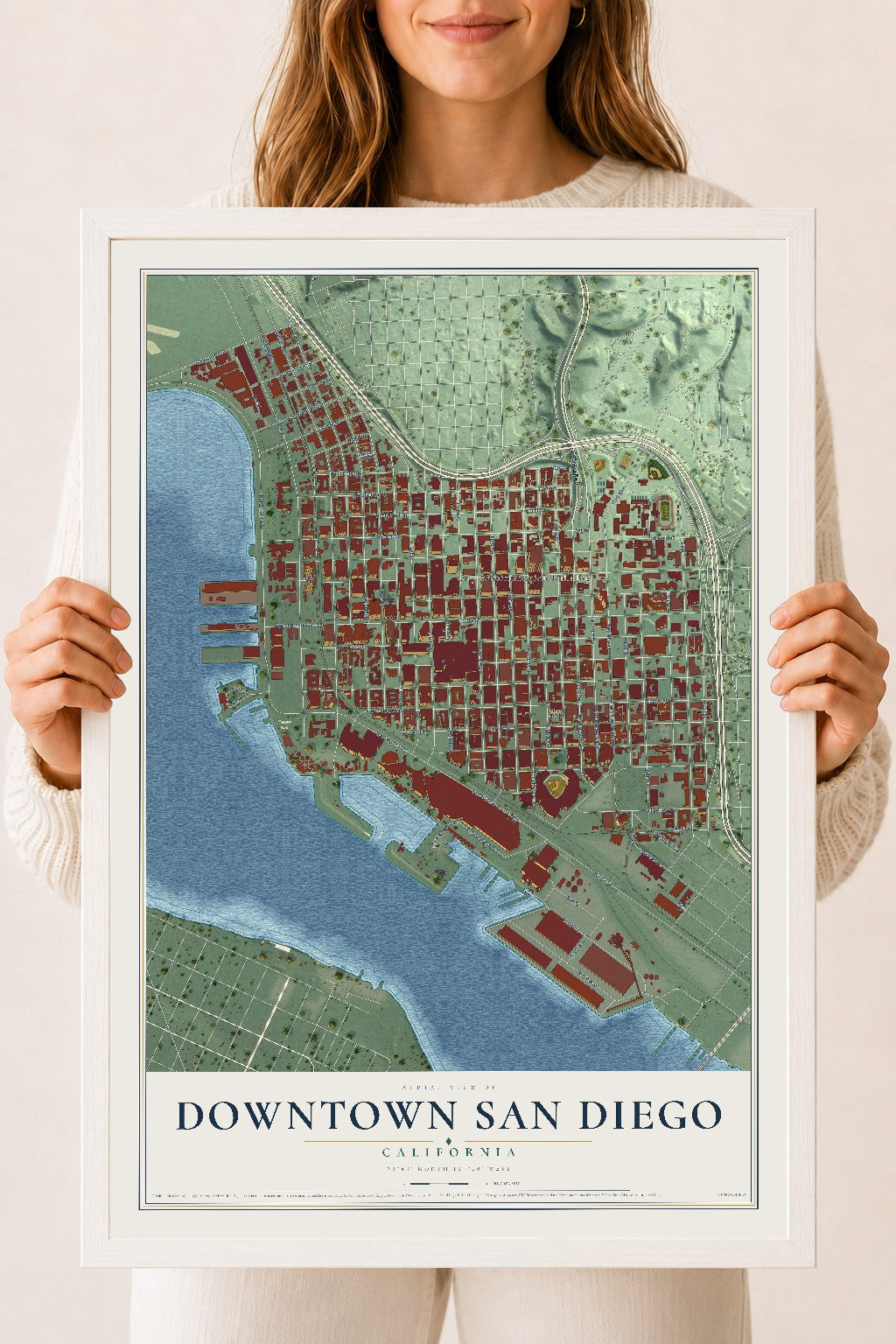 Map of Downtown San Diego, California, 18 x 24 inch print in a white wood frame