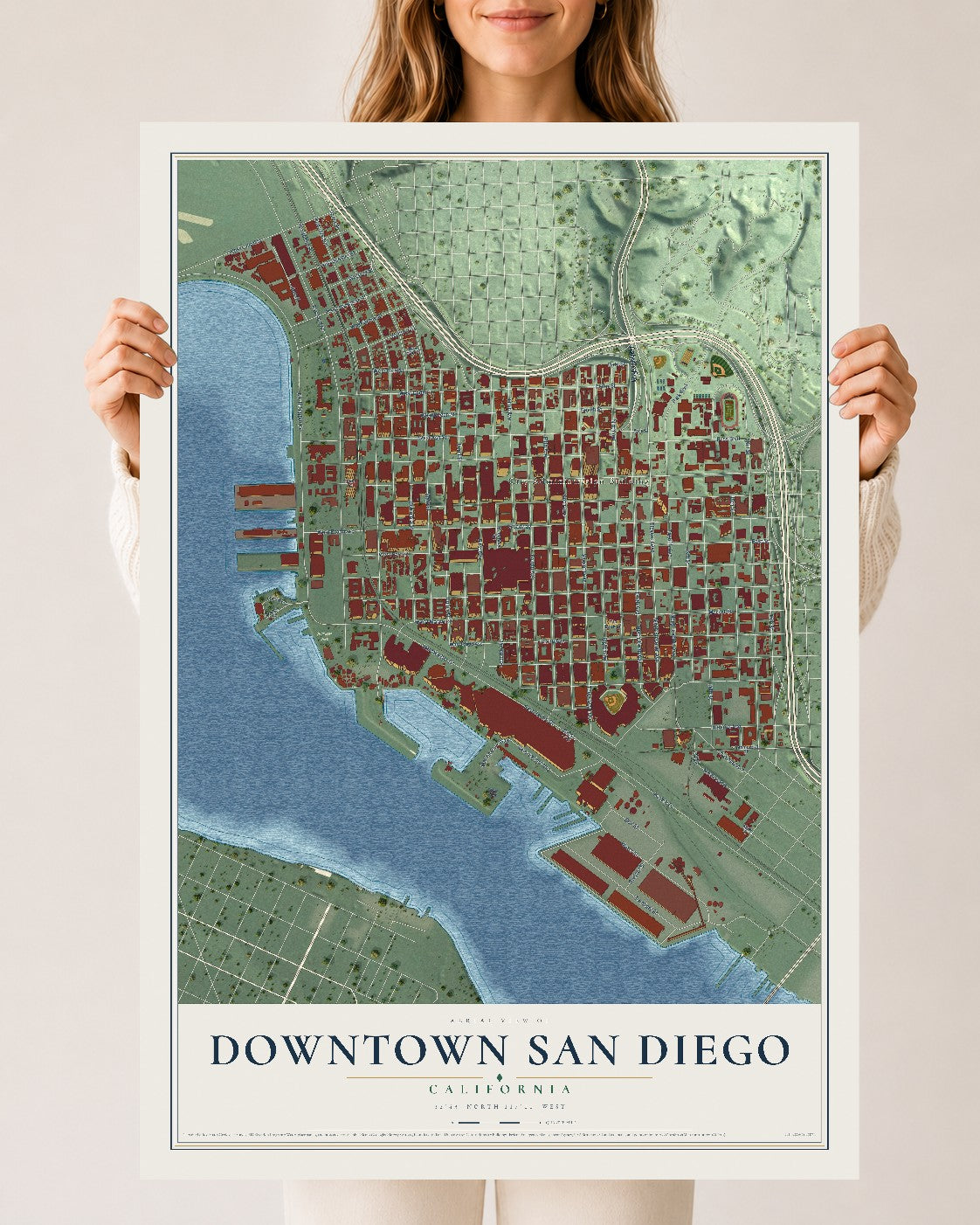 Map of Downtown San Diego, California, 24 x 36 inch unframed archival matte print