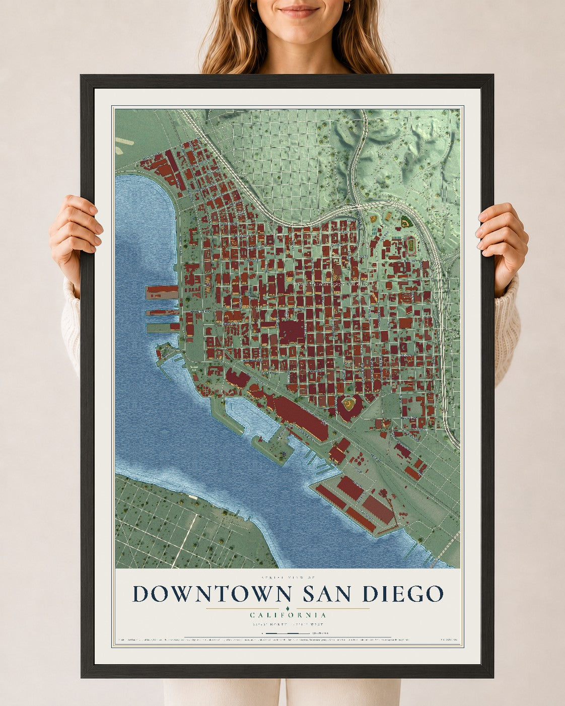 Map of Downtown San Diego, California, 24 x 36 inch print in a black wood frame
