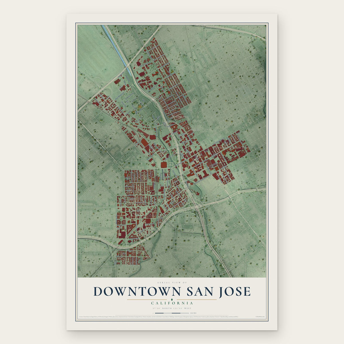 Downtown San Jose, California map print, the full design