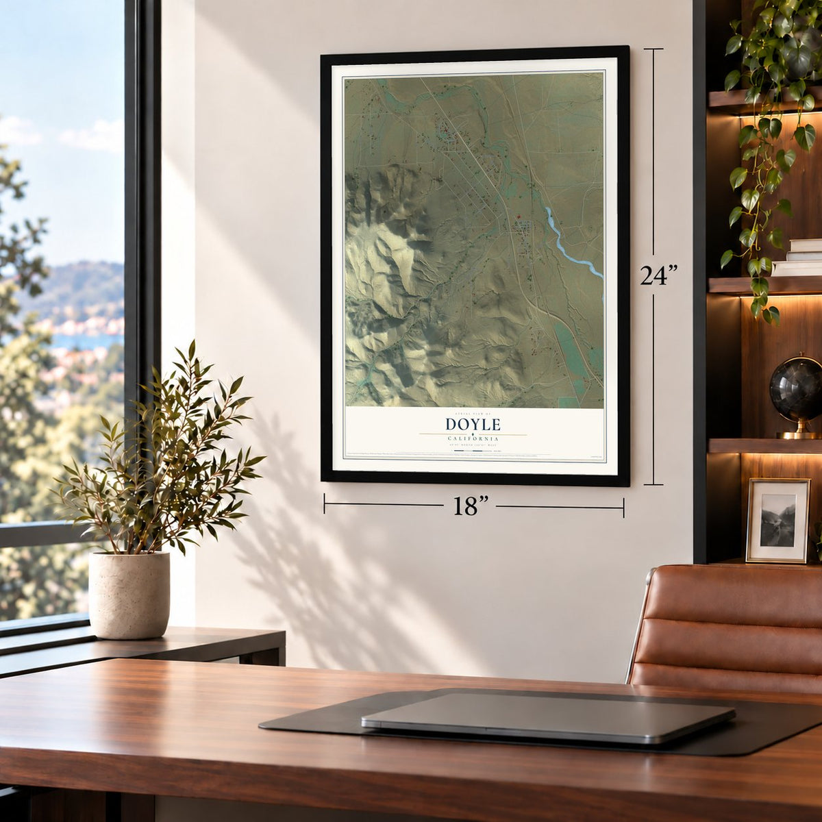 Doyle, California map, 18 x 24 inch print in a black frame in a home office
