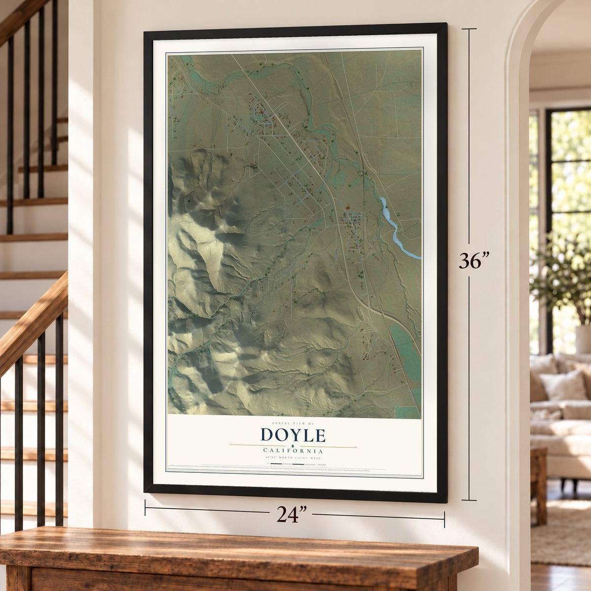 Doyle, California map, 24 x 36 inch print in a black frame by a staircase