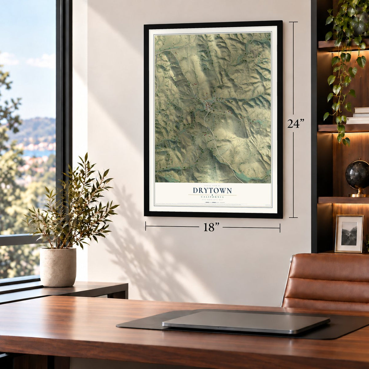 Drytown, California map, 18 x 24 inch print in a black frame in a home office