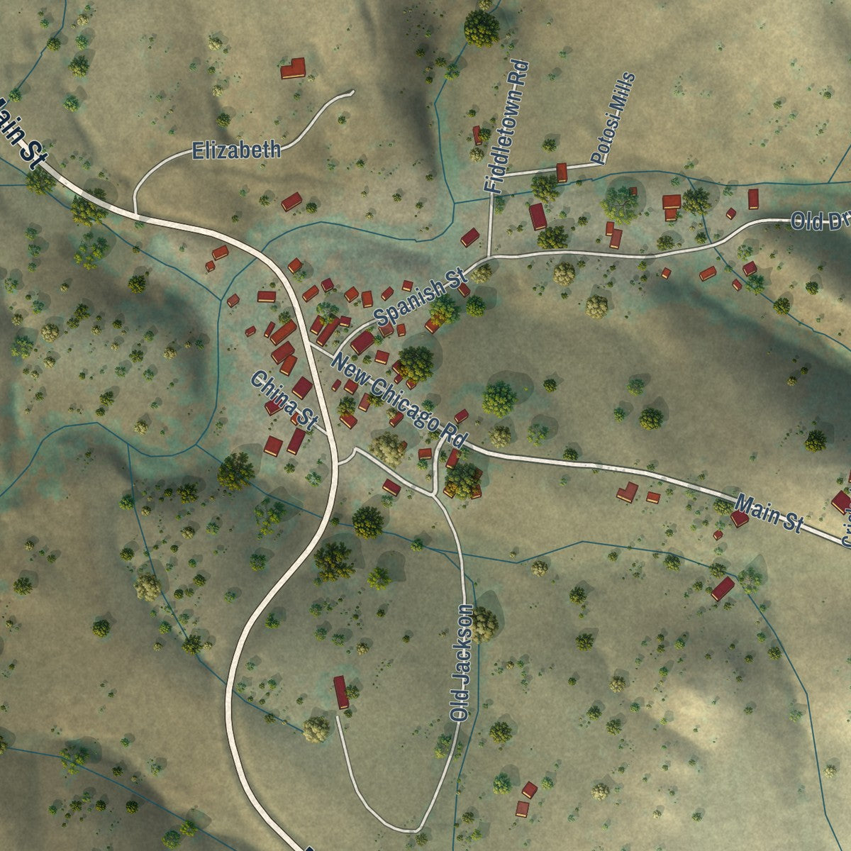 Close-up of the map of Drytown, California print showing street and building detail