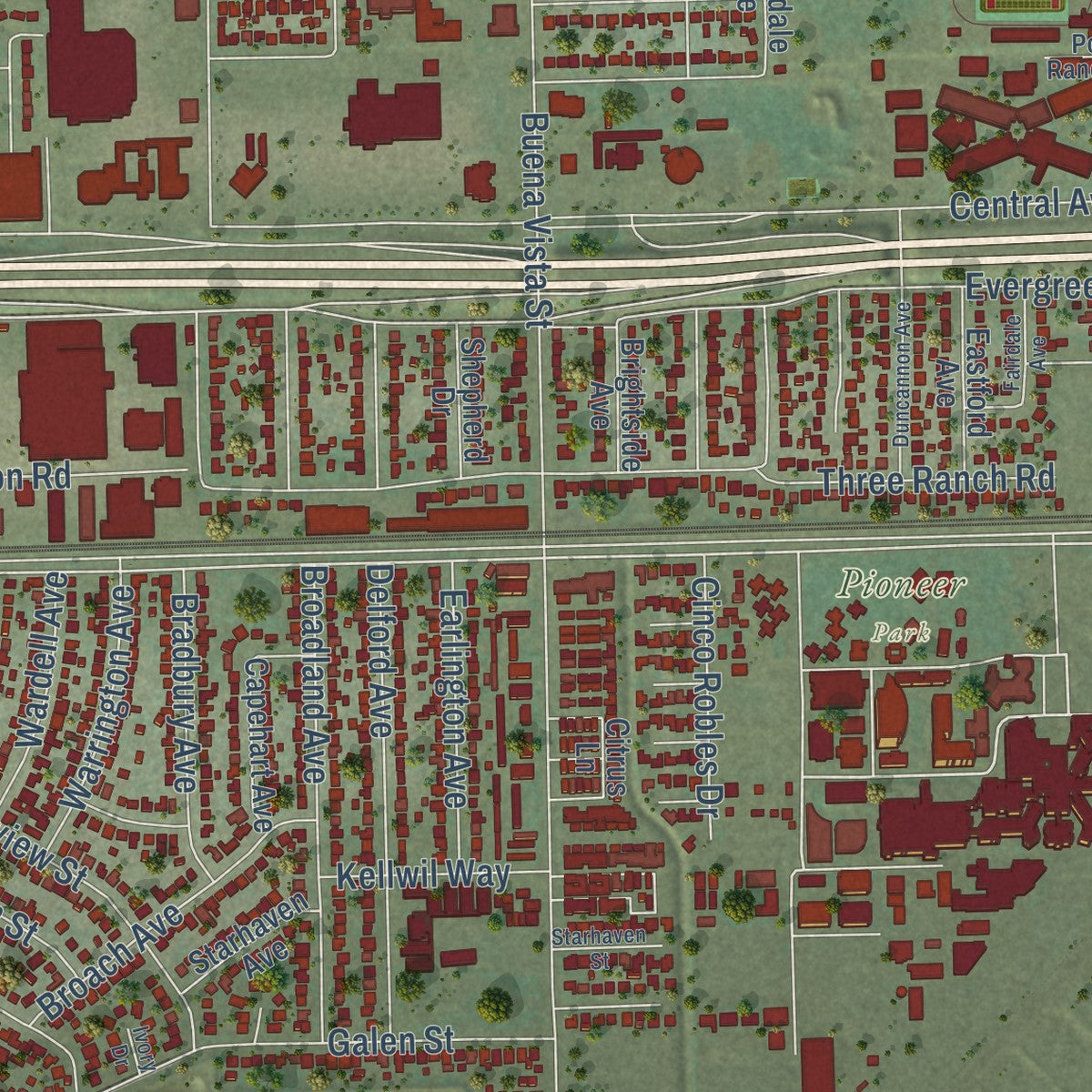 Second close-up of the map of Duarte, California print showing more streets and buildings