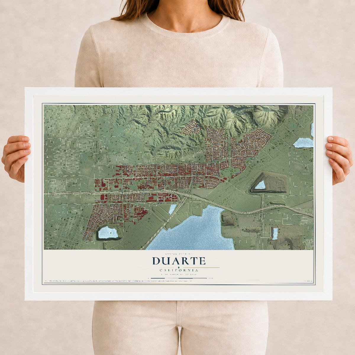Map of Duarte, California, 12 x 18 inch print in a white wood frame