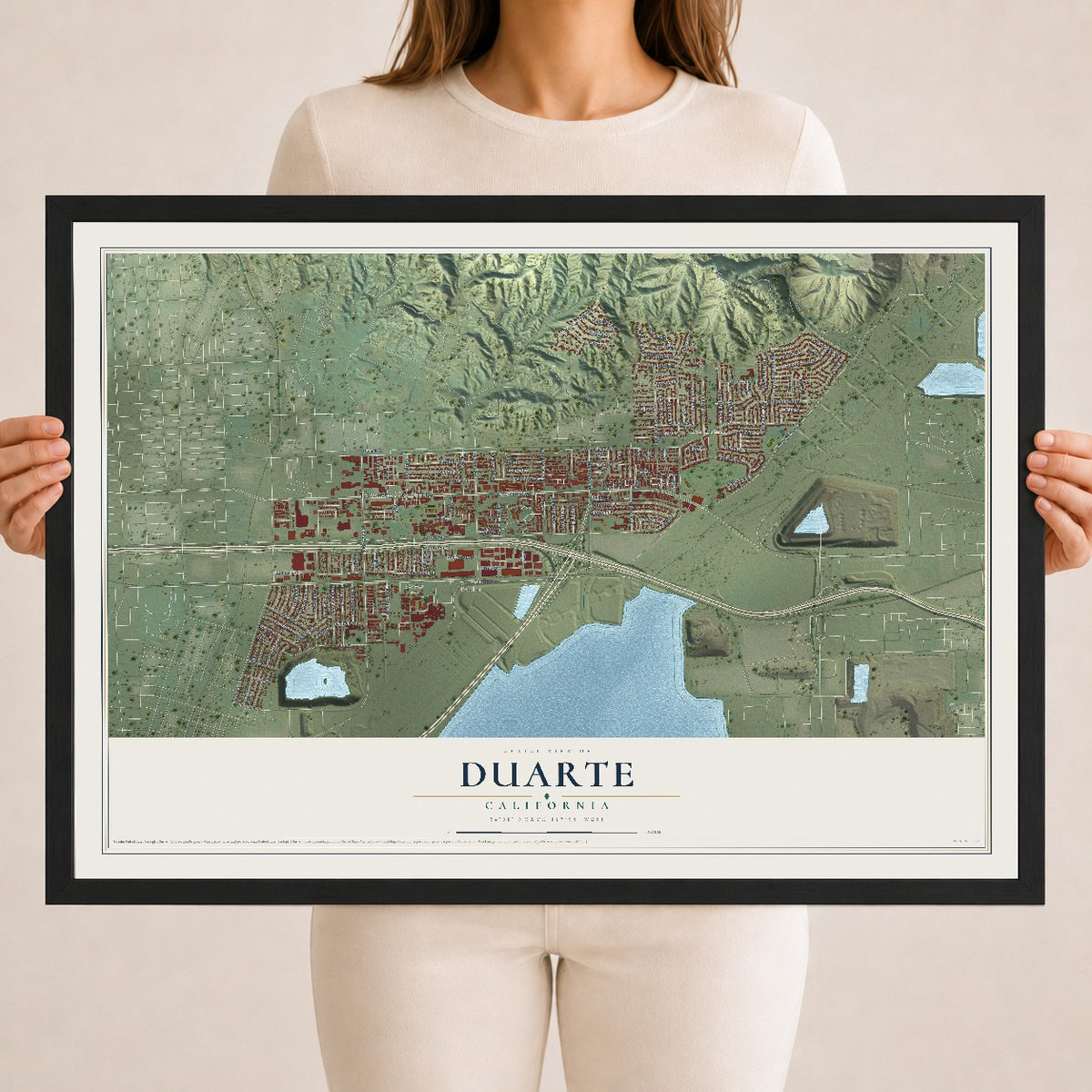 Map of Duarte, California, 18 x 24 inch print in a black wood frame