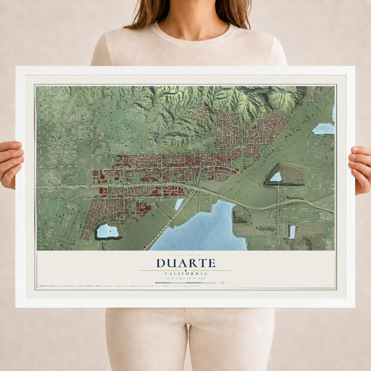 Map of Duarte, California, 18 x 24 inch print in a white wood frame