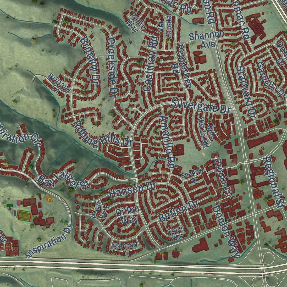 Close-up of the map of Dublin, California print showing street and building detail