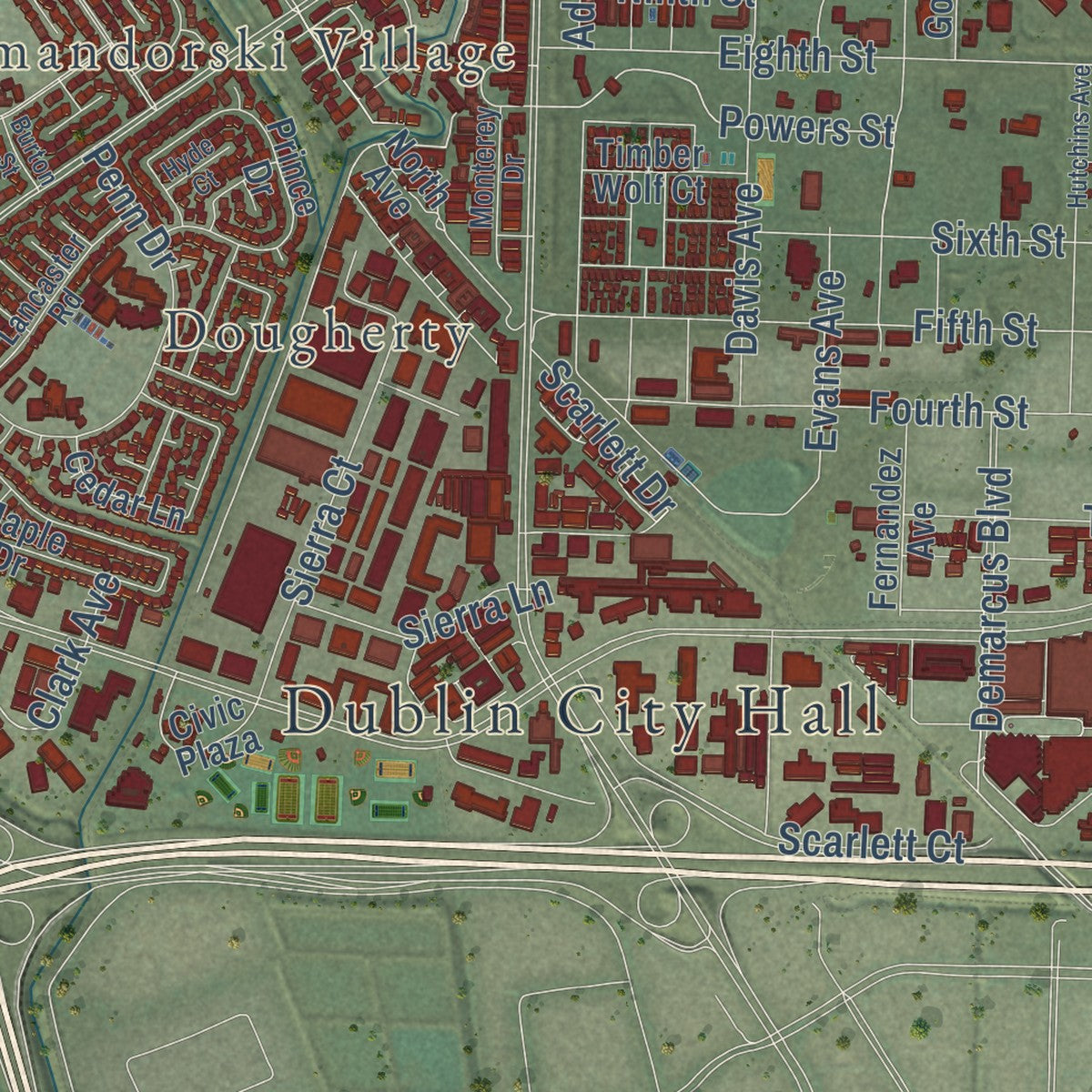 Second close-up of the map of Dublin, California print showing more streets and buildings
