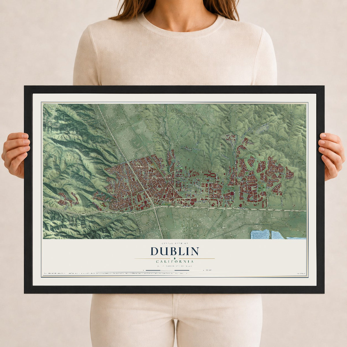 Map of Dublin, California, 12 x 18 inch print in a black wood frame