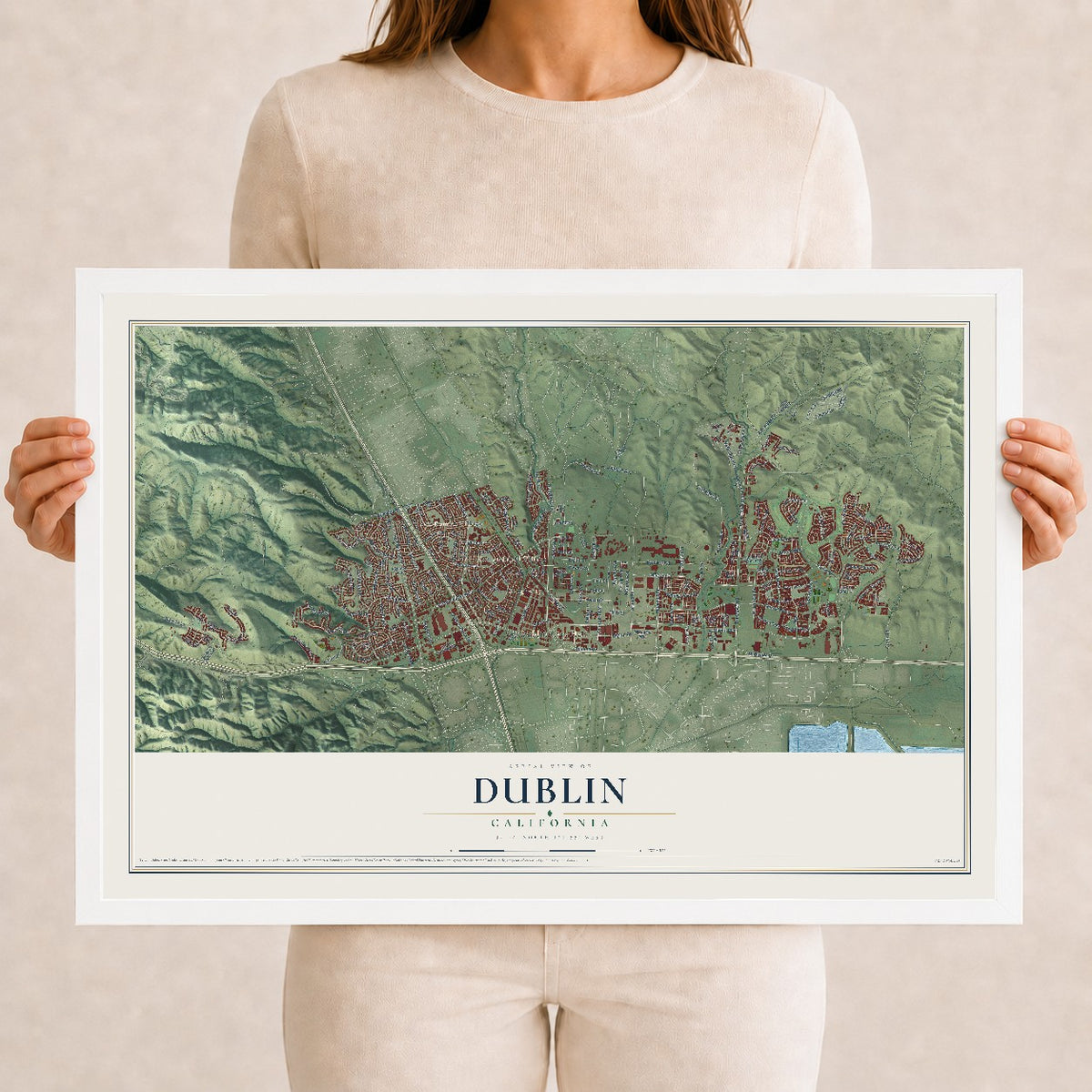 Map of Dublin, California, 12 x 18 inch print in a white wood frame