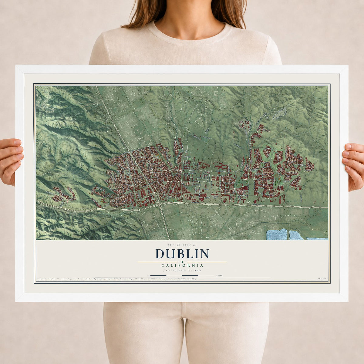 Map of Dublin, California, 18 x 24 inch print in a white wood frame