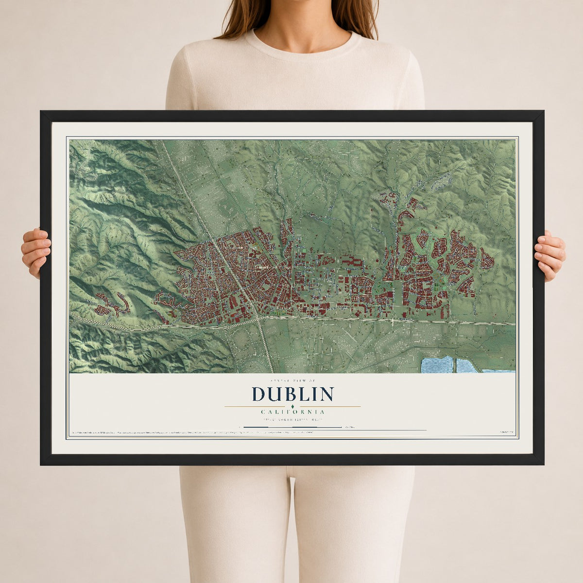 Map of Dublin, California, 24 x 36 inch print in a black wood frame