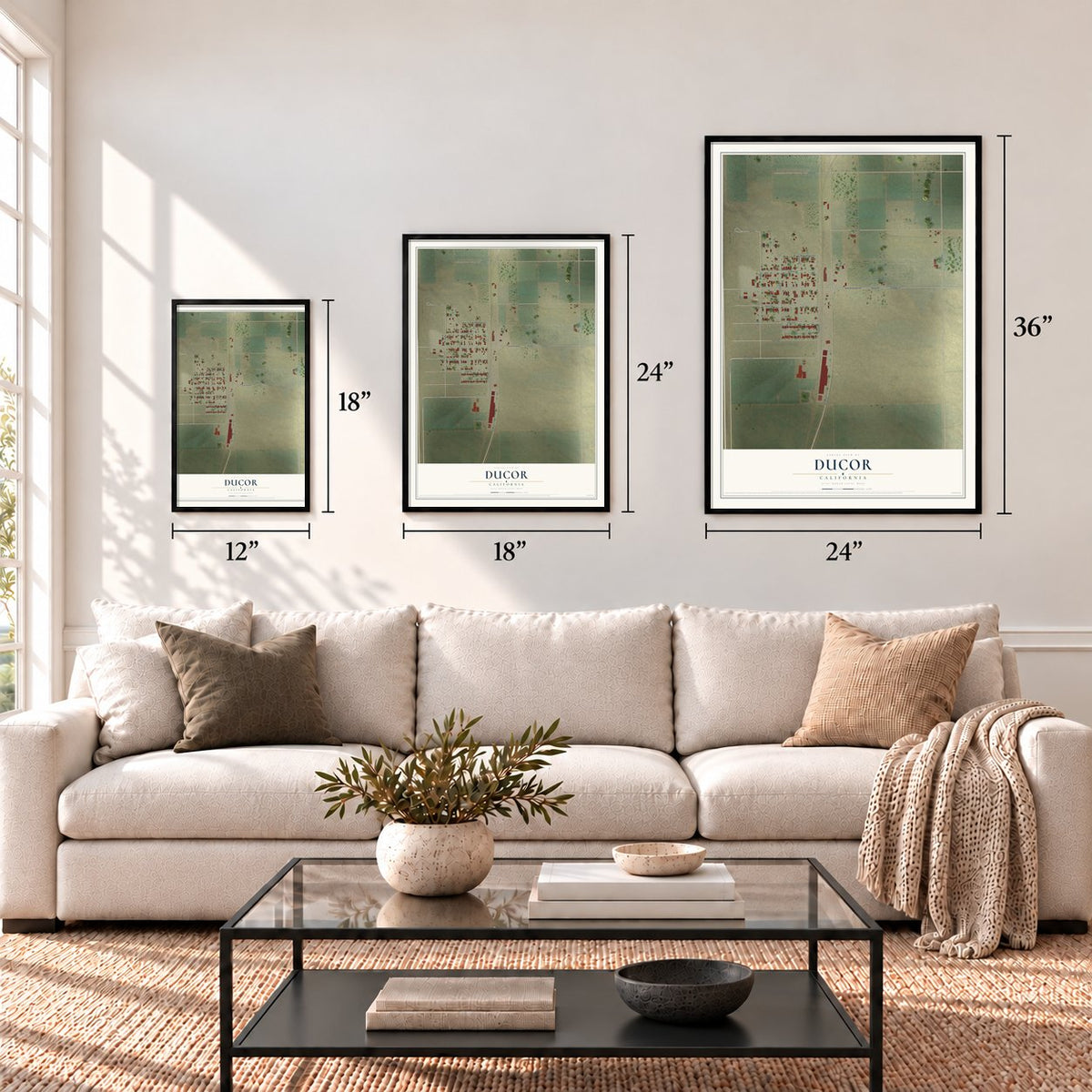Ducor, California map in 12 x 18, 18 x 24 and 24 x 36 inch sizes above a sofa
