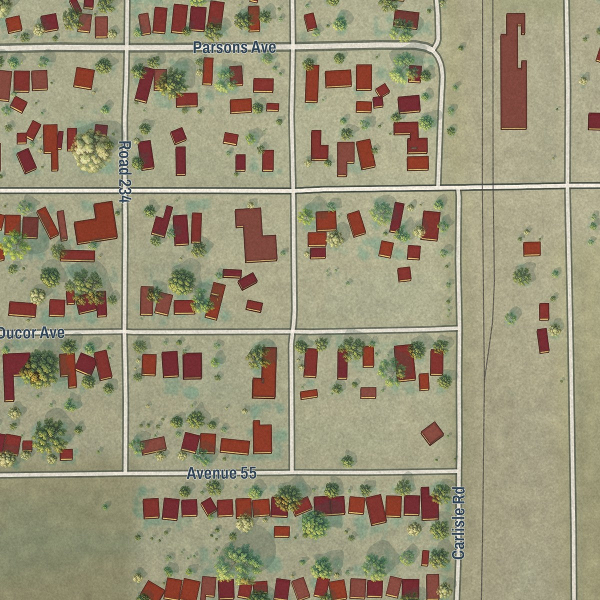 Close-up of the map of Ducor, California print showing street and building detail