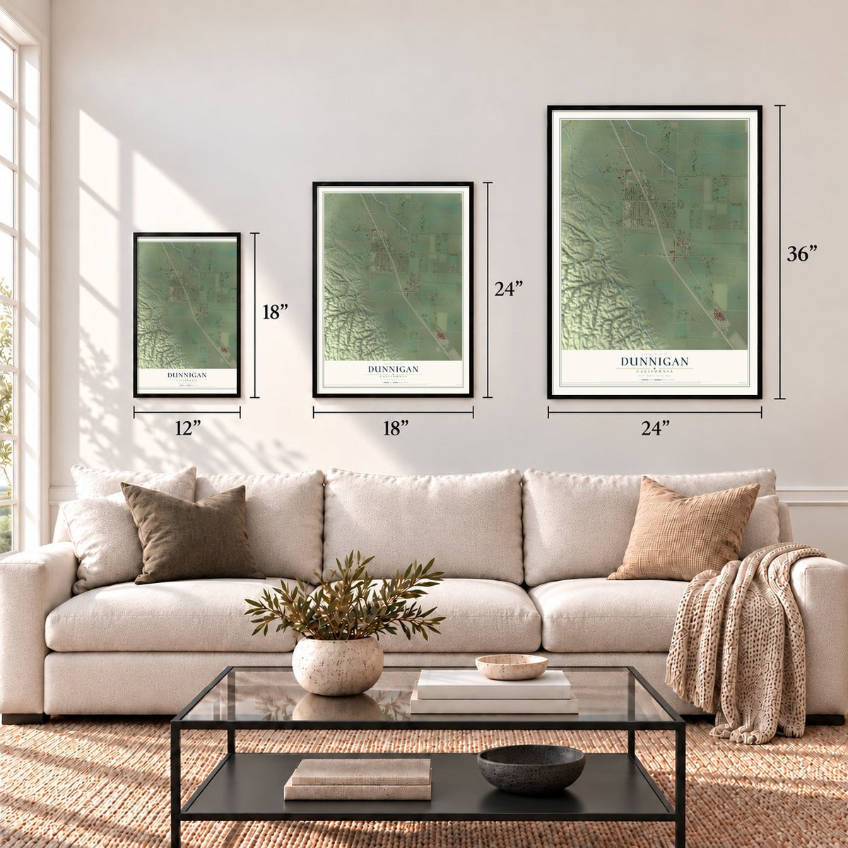 Dunnigan, California map in 12 x 18, 18 x 24 and 24 x 36 inch sizes above a sofa