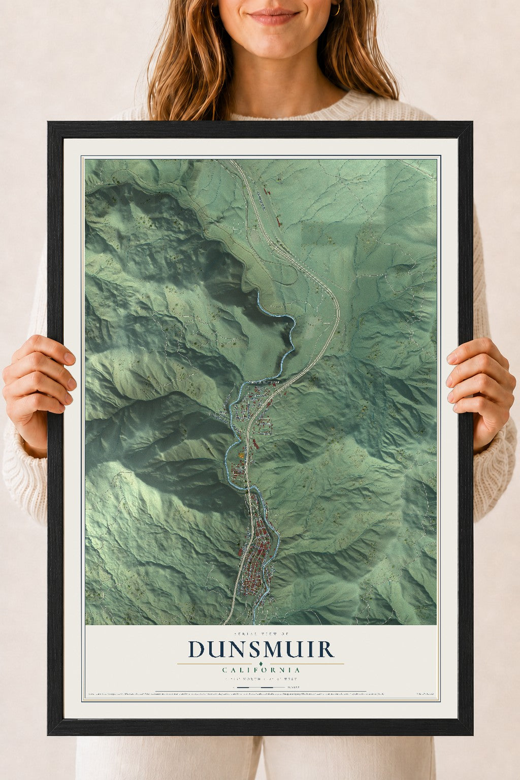 Map of Dunsmuir, California, 18 x 24 inch print in a black wood frame