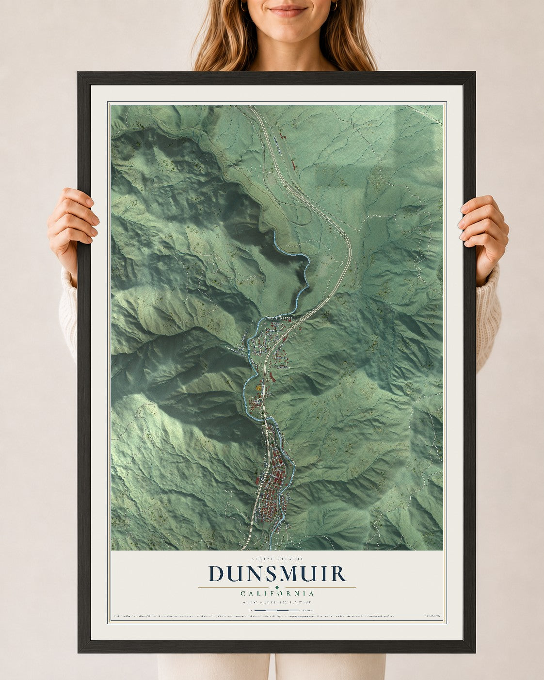 Map of Dunsmuir, California, 24 x 36 inch print in a black wood frame