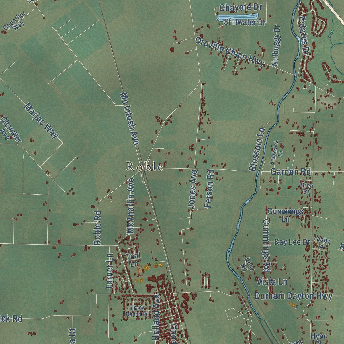 Second close-up of the map of Durham, California print showing more streets and buildings