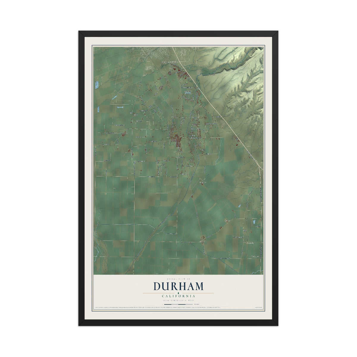 Map of Durham, California, 12 x 18 inch print in a black wood frame