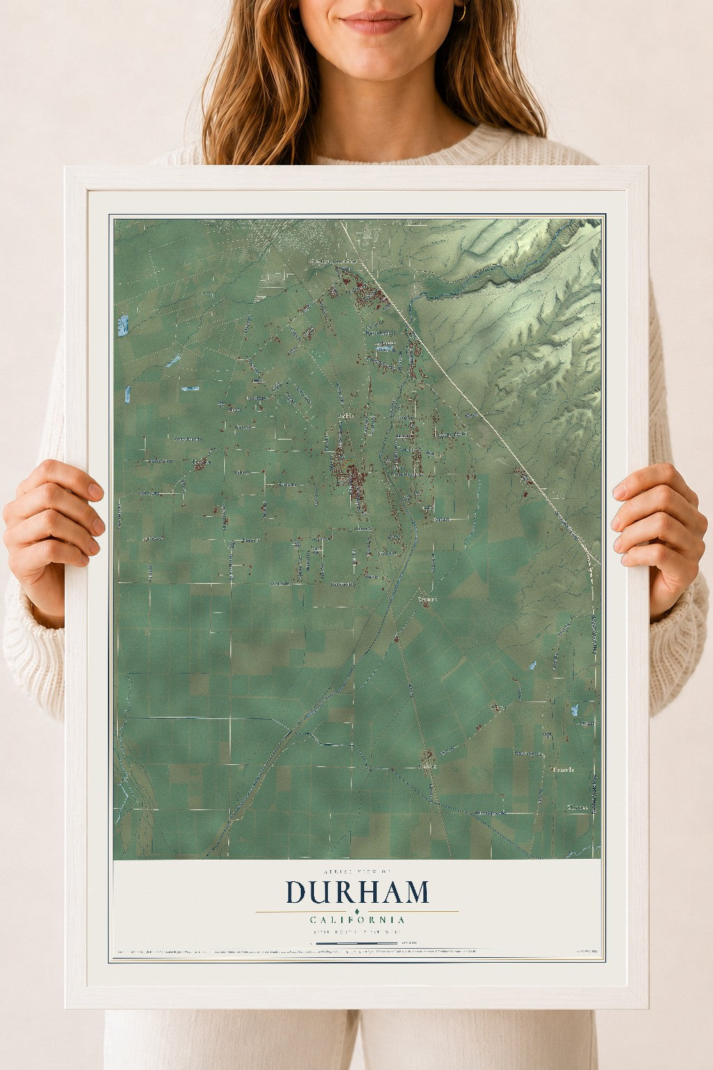 Map of Durham, California, 18 x 24 inch print in a white wood frame