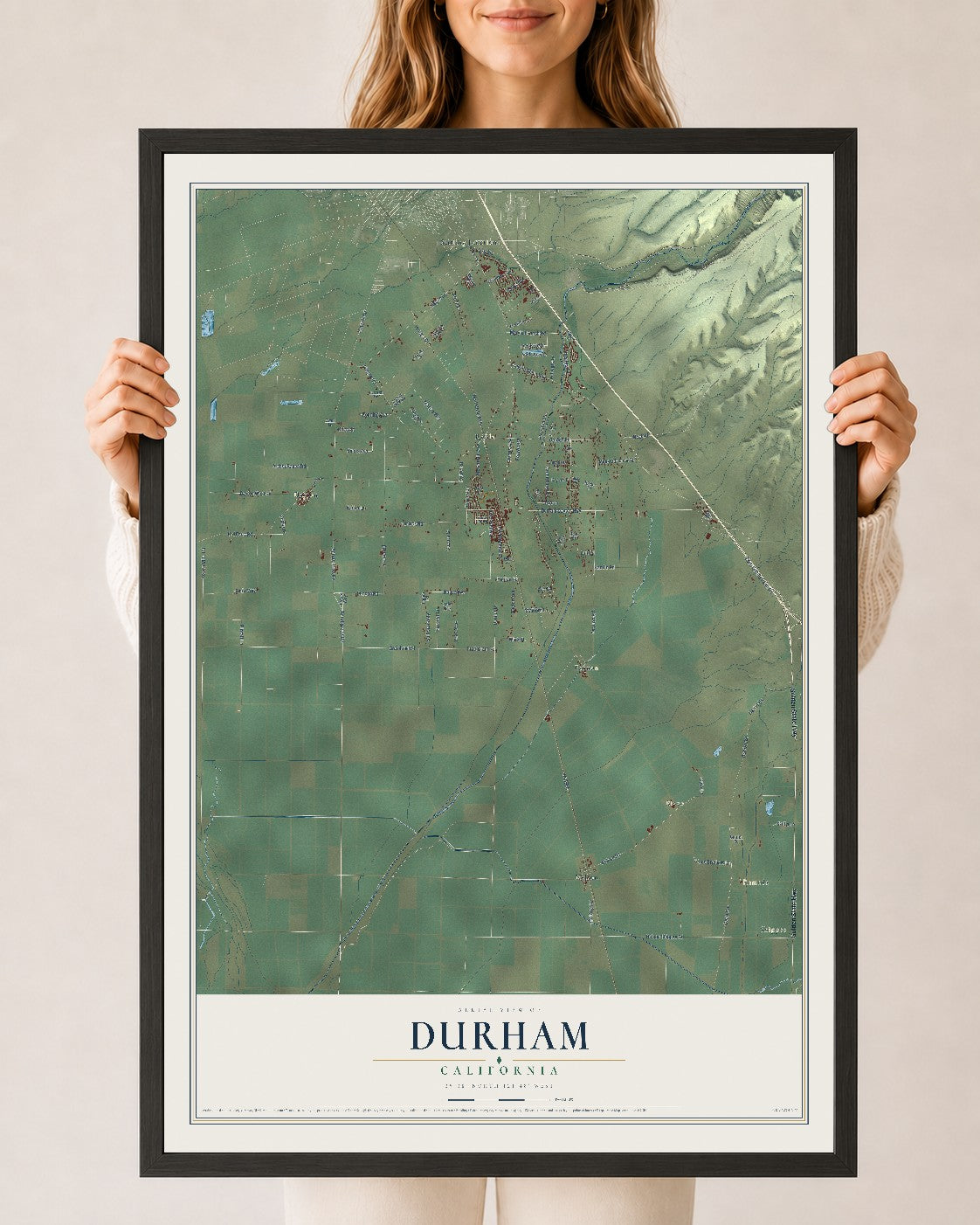 Map of Durham, California, 24 x 36 inch print in a black wood frame