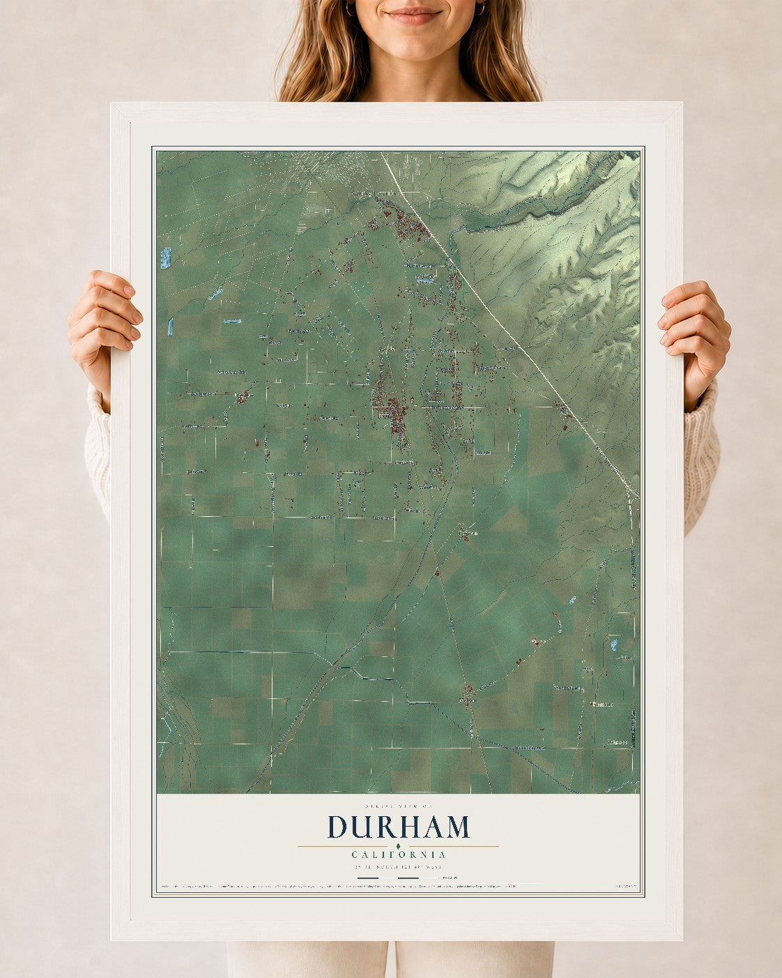Map of Durham, California, 24 x 36 inch print in a white wood frame