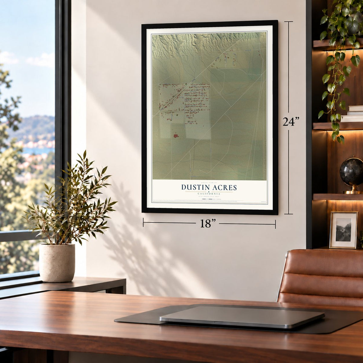 Dustin Acres, California map, 18 x 24 inch print in a black frame in a home office