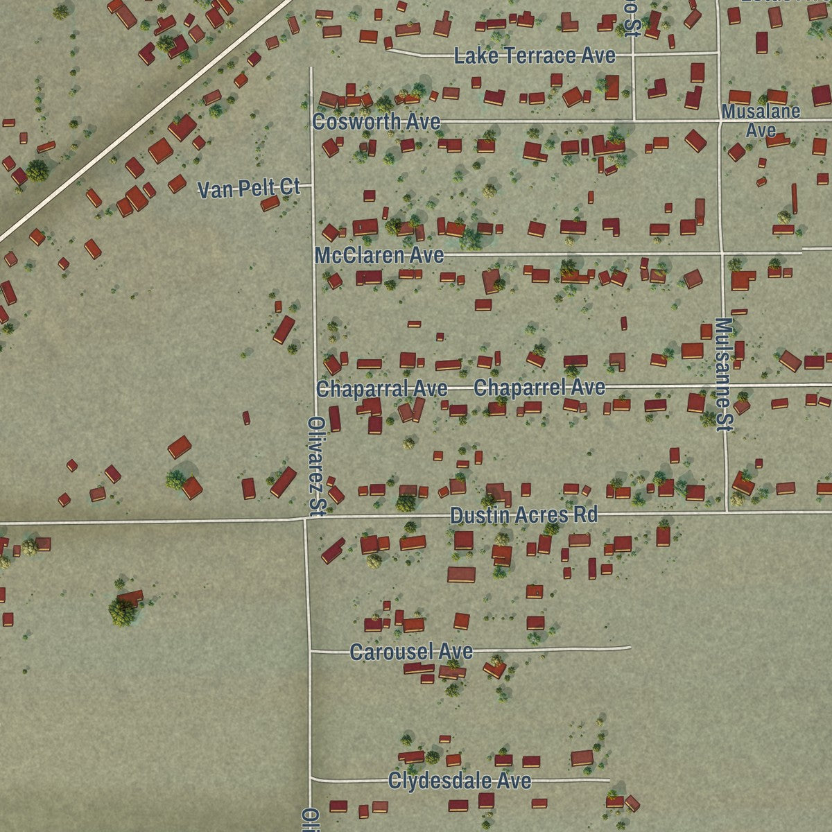 Close-up of the map of Dustin Acres, California print showing street and building detail