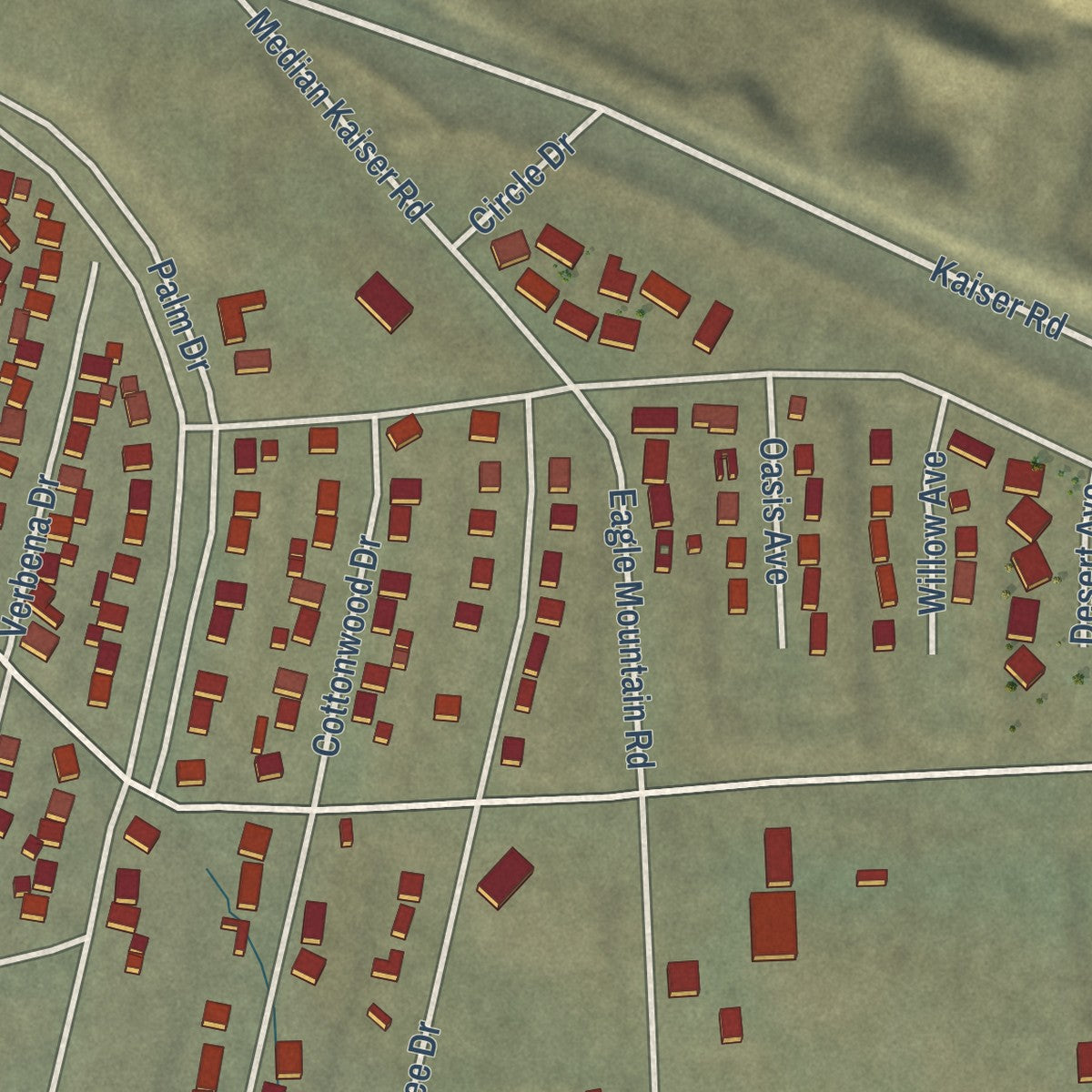 Close-up of the map of Eagle Mountain, California print showing street and building detail